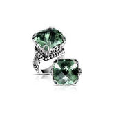 Handmade sterling silver cushion-cut Green Amethyst Quartz ring with ornate filigree and bead detailing, artisan Bali jewelry.